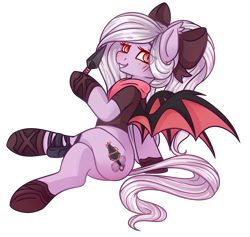 Size: 2511x2383 | Tagged: safe, artist:ruef, oc, oc only, oc:violet thorn, bat pony, pony, crossed legs, kunai, kunoichi, looking at you, ninja, ribbon, simple background, smiling, solo, transparent background, weapon