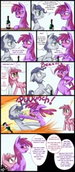 Size: 700x1600 | Tagged: safe, artist:starlightspark, berry punch, berryshine, ruby pinch, earth pony, pony, unicorn, bar, blushing, bottle, comic, dialogue, drunk, exclamation point, falcon punch, female, filly, foal, male, mare, slice of life, stallion, tin tailor