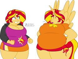 Size: 3025x2273 | Tagged: safe, artist:shitigal-artust, sunset shimmer, anthro, equestria girls, alicornified, angry, bbw, belly, belly envy, big belly, big breasts, breasts, cleavage, dialogue, eyes closed, fat, female, human anthrodox, jealous, obese, race swap, raspberry, self paradox, self ponidox, shimmercorn, simple background, slobset shimmer, ssbbw, sunset jiggler, tongue out, transparent background, wide hips