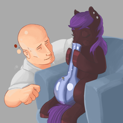 Size: 1836x1836 | Tagged: artist needed, safe, oc, oc only, oc:aurora jane, earth pony, pony, armchair, bong, drawthread, ear piercing, eyes closed, gray background, misleading thumbnail, mr. clean, piercing, simple background, sitting, smiling