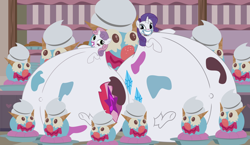 Size: 4300x2500 | Tagged: safe, artist:mintydrop2013, rarity, sweetie belle, pony, unicorn, forever filly, absurd resolution, belly, chubbity, clown surprise, fat, food, ice cream, impossibly large belly, messy eating, morbidly obese, obese, raritubby, stuffed, sweetie belly