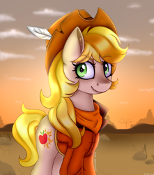 Size: 772x872 | Tagged: safe, artist:starsymphonystela, oc, oc only, oc:applesunrise, clothes, desert, hat, solo, sunrise, western