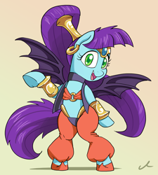 Size: 2700x3000 | Tagged: safe, artist:docwario, oc, oc only, oc:high pitch, bat pony, pony, bipedal, clothes, cosplay, costume, genie, shantae, shantae (character), solo