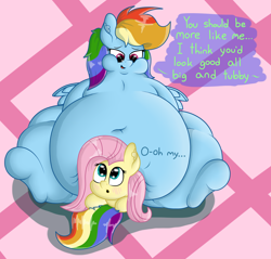 Size: 1524x1454 | Tagged: safe, artist:dullpoint, fluttershy, rainbow dash, pegasus, pony, belly, belly button, big belly, chubby cheeks, fat, obese, oh my, rainblob dash, sitting, sitting on pony