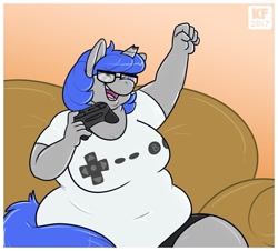 Size: 1548x1401 | Tagged: safe, artist:kittyfred, oc, oc only, oc:faithful bond, anthro, unicorn, bbw, broken horn, chubby, controller, fat, female, gamer, glasses, mare, obese, solo