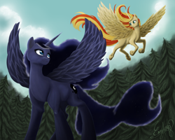 Size: 1280x1024 | Tagged: safe, artist:comsing8, princess luna, sunset shimmer, alicorn, pony, alicornified, cloud, flying, forest, race swap, shimmercorn, spread wings