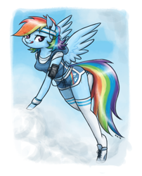 Size: 1032x1280 | Tagged: safe, artist:king-kakapo, rainbow dash, anthro, unguligrade anthro, arm hooves, armband, cellphone, clothes, cloud, earbuds, headband, hoodie, midriff, multiple variants, phone, shoes, shorts, simple background, smartphone, sneakers, socks, solo, spread wings, sweat, thigh highs, tongue out, white background