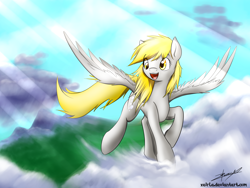 Size: 4000x3000 | Tagged: safe, artist:xeirla, derpy hooves, pegasus, pony, cloud, crepuscular rays, female, happy, mare, mountain, open mouth, solo, spread wings