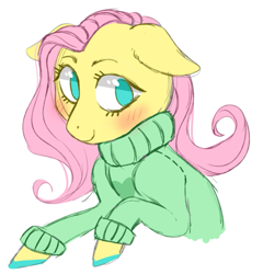 Size: 595x620 | Tagged: safe, artist:jellybeanbullet, fluttershy, pegasus, pony, blushing, clothes, looking at you, solo, sweater, sweatershy