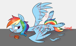 Size: 1024x614 | Tagged: safe, artist:flourret, rainbow dash, pegasus, pony, annoyed, bound, ear fluff, feather, female, gritted teeth, looking back, mare, rainbond dash, signature, solo, string, tangled up, tied up, unshorn fetlocks, upset, yo-yo