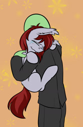 Size: 1252x1900 | Tagged: safe, artist:duop-qoub, oc, oc only, oc:anon, oc:vannie, bat pony, pony, /mlp/, crying, holding a pony, hug, tears of joy