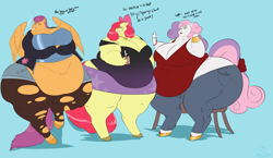 Size: 4841x2817 | Tagged: safe, artist:mangoicy, apple bloom, scootaloo, sweetie belle, anthro, absurd resolution, alternate hairstyle, apple blob, bbw, bingo wings, cutie mark crusaders, dialogue, fat, impossibly wide hips, morbidly obese, obese, older, scootalard, smoking, ssbbw, sweetie belly, wide hips