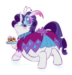 Size: 1453x1527 | Tagged: safe, artist:mellowhen, rarity, pony, unicorn, blushing, clothes, dress, fat, featureless crotch, food, gala dress, looking at you, looking back, looking back at you, obese, plot, raritubby, rearity, solo