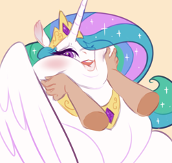 Size: 2069x1962 | Tagged: safe, artist:mellowhen, princess celestia, human, bust, chubby cheeks, chubbylestia, disembodied hand, fat, hand, obese, portrait, squishy cheeks