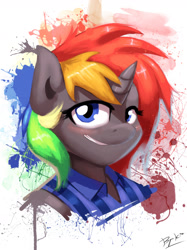 Size: 1280x1707 | Tagged: safe, artist:burgerkiss, oc, oc only, oc:krylone, pony, unicorn, blushing, bust, clothes, portrait, rainbow hair, smiling, solo