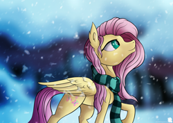 Size: 5787x4092 | Tagged: safe, artist:simonk0, fluttershy, pegasus, pony, absurd resolution, clothes, forest, looking up, profile, raised hoof, scarf, snow, solo, winter