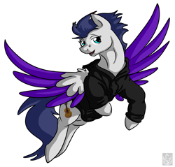 Size: 2115x2019 | Tagged: safe, artist:stormblaze-pegasus, oc, oc only, oc:switch, oc:switch storm, pegasus, pony, clothes, colored wings, colored wingtips, commission, flying, hoodie, open mouth, solo