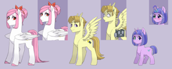 Size: 4500x1808 | Tagged: safe, artist:pikokko, oc, oc only, oc:everfree, oc:sound wave, oc:sunshine, brother and sister, creepy, cute, female, male, offspring, parent:bulk biceps, parent:fluttershy, parents:flutterbulk, reference sheet, siblings, sisters, stare