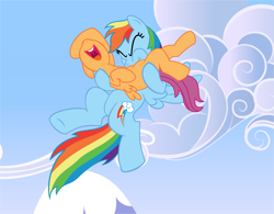 Size: 2843x2222 | Tagged: safe, artist:tay-houby, color edit, edit, rainbow dash, scootaloo, pegasus, pony, colored, cute, cutealoo, laughing, nose in the air, raspberry, scootalove, tickling, tummy buzz