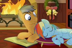 Size: 3000x2000 | Tagged: safe, artist:mlpshipper24, quibble pants, rainbow dash, pegasus, pony, book, cute, dashabetes, female, fire, fireplace, male, pillow, quibbledash, reading, reupload, romance, shipping, sleeping, snuggling, straight, wreath