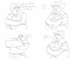 Size: 3076x2508 | Tagged: safe, artist:catstuxedo, pinkie pie, human, bbw, belly, belly button, belly lift, chubby cheeks, dialogue, double chin, fat, humanized, monochrome, obese, piggy pie, pudgy pie, sequence, solo