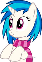 Size: 1733x2519 | Tagged: safe, artist:arifproject, dj pon-3, vinyl scratch, pony, unicorn, arif's wide eyes pone, clothes, cute, female, hooves, horn, mare, scarf, simple background, smiling, solo, transparent background, vector, vinylbetes, wide eyes