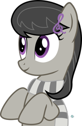 Size: 1613x2459 | Tagged: safe, artist:arifproject, octavia melody, earth pony, pony, arif's wide eyes pone, clothes, cute, hair accessory, scarf, simple background, smiling, solo, tavibetes, transparent background, vector, wide eyes