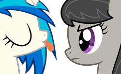 Size: 2135x1298 | Tagged: safe, artist:arifproject, dj pon-3, octavia melody, vinyl scratch, earth pony, pony, unicorn, duo, eyes closed, female, horn, mare, octavia is not amused, simple background, tongue out, transparent background, unamused, vector