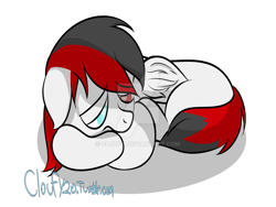 Size: 1024x768 | Tagged: safe, artist:cloufy, oc, oc only, pegasus, pony, floppy ears, heterochromia, no pupils, sad, simple background, solo, watermark, white background