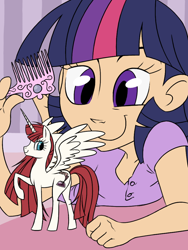 Size: 768x1024 | Tagged: safe, artist:thelivingmachine02, twilight sparkle, oc, oc:fausticorn, alicorn, human, comb, cute, doll, duo, faustabetes, female, gimp, humanized, lauren faust, role reversal, smiling, solo, twiabetes