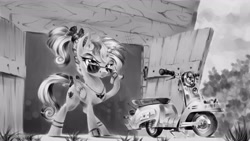 Size: 1920x1080 | Tagged: safe, artist:v747, princess cadance, alicorn, pony, grayscale, jewelry, monochrome, necklace, scooter, shed, solo, sunglasses, teen princess cadance