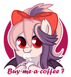 Size: 600x650 | Tagged: safe, artist:xwhitedreamsx, oc, oc only, oc:sweet velvet, bat pony, pony, bow, chibi, coffee, cup, female, hair bow, heart eyes, mare, simple background, solo, transparent background, wingding eyes