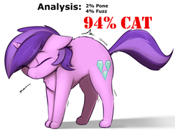 Size: 2400x1800 | Tagged: dead source, safe, artist:captainpudgemuffin, amethyst star, sparkler, cat, cat pony, original species, pony, unicorn, analysis, behaving like a cat, captainpudgemuffin is trying to murder us, chest fluff, cute, dock, eyes closed, fluffy, hnnng, pone, shivering, simple background, solo, stretching, white background