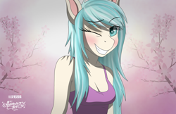 Size: 3400x2200 | Tagged: safe, artist:mcflurrylazermuffin, coco pommel, anthro, alternate hairstyle, blushing, breasts, bust, cleavage, clothes, coco puffs, cocobetes, colored pupils, cute, female, grin, long hair, looking at you, one eye closed, raised eyebrow, signature, smiling, solo, tanktop, wink