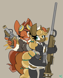 Size: 1245x1542 | Tagged: safe, artist:bbsartboutique, oc, oc only, oc:cirrus mist, oc:lead lace, anthro, earth pony, unguligrade anthro, unicorn, clockwork, clothes, crossdressing, female, femboy, girly, gun, handgun, hooves, horn, maid, male, mare, open mouth, optical sight, pistol, ribbon, rifle, simple background, sniper, sniper rifle, steampunk, teeth, tomboy, tongue out, weapon