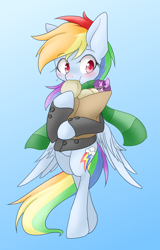 Size: 1728x2700 | Tagged: safe, artist:azurepicker, rainbow dash, pegasus, pony, semi-anthro, clothes, food, gradient background, jacket, scarf, solo