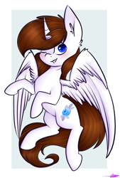 Size: 1522x2258 | Tagged: safe, artist:ashee, oc, oc only, oc:miles, alicorn, pegasus, pony, alicorn oc, blushing, flying, one eye closed, solo, wings, wink