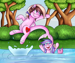 Size: 2500x2100 | Tagged: safe, artist:ashee, artist:hummingway, oc, oc only, oc:ashee, oc:swirly shells, merpony, original species, shark, shark pony, collaboration, blushing, jumping, swimming