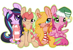 Size: 900x626 | Tagged: safe, artist:coffeecuppup, oc, oc only, oc:dreamy sweet, oc:precious metal, oc:thimble, pegasus, pony, unicorn, candy, candy cane, clothes, food, scarf, simple background, socks, striped socks, transparent background