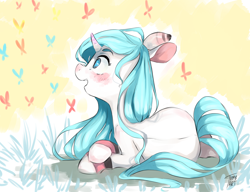 Size: 3024x2320 | Tagged: safe, artist:tamyarts, oc, oc only, butterfly, pony, unicorn, female, mare, prone, solo