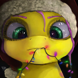 Size: 3000x3000 | Tagged: safe, artist:anuhanele, fluttershy, pegasus, pony, bust, chewing, christmas lights, cross-eyed, cute, eating, eyebrows, hat, looking at something, mouth hold, solo, stray strand