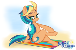 Size: 3273x2138 | Tagged: safe, artist:xwhitedreamsx, oc, oc only, oc:playa "spikeball" azul, earth pony, pony, crossed legs, lidded eyes, sitting, smiling, solo, towel