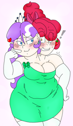 Size: 1301x2249 | Tagged: safe, artist:blackbewhite2k7, apple bloom, diamond tiara, human, beehive hairdo, blushing, chubby, clothes, commission, conjoined, diamondbloom, dress, ear piercing, earring, exclamation point, fat, female, fusion, hair over eyes, heart, hilarious in hindsight, humanized, jewelry, lesbian, multiple heads, obese, overweight, piercing, shipping, two heads