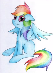 Size: 2407x3287 | Tagged: safe, artist:coffytacotuesday, rainbow dash, pegasus, pony, missing cutie mark, sitting, solo, traditional art, wavy mouth