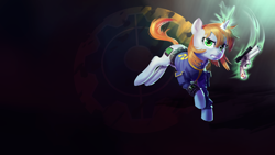 Size: 1920x1080 | Tagged: safe, artist:makkon, oc, oc only, oc:littlepip, pony, unicorn, fallout equestria, abstract background, clothes, cutie mark, fanfic, fanfic art, female, glowing horn, gritted teeth, gun, handgun, hooves, horn, jumping, levitation, little macintosh, magic, mare, optical sight, pipbuck, revolver, scope, solo, telekinesis, vault suit, wallpaper, weapon