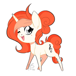 Size: 500x500 | Tagged: safe, artist:curiouskeys, oc, oc only, oc:spotted rhythm, pony, unicorn, chibi, freckles, gift art, ginger, music notes, nose piercing, open mouth, piercing, simple background, solo, transparent background