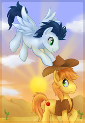 Size: 900x1300 | Tagged: safe, artist:mn27, braeburn, soarin', earth pony, pegasus, pony, desert, flying, gay, male, shipping, soarburn, stallion, sun, wings