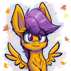 Size: 2500x2500 | Tagged: safe, artist:heir-of-rick, scootaloo, chest fluff, ear fluff, implied scootalove, leaves, lip bite, smiling, solo, spread wings