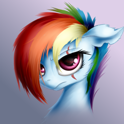 Size: 1600x1600 | Tagged: safe, artist:aurelleah, rainbow dash, pegasus, pony, alternate timeline, alternate universe, bust, commission, frown, looking at you, portrait, scar, simple background, solo