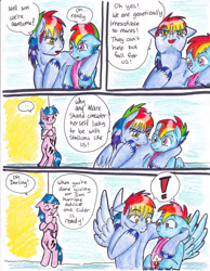 Size: 2552x3296 | Tagged: safe, artist:tristanjsolarez, firefly, rainbow blaze, rainbow dash, pegasus, pony, comic:trans ponies, g1, g4, bipedal, clothes, colored pencil drawing, comic, crossed arms, crossed hooves, family, female, fireblaze, firefly as rainbow dash's mom, g1 to g4, generation leap, male, mare, rainbow dash's parents, scarf, shipping, stallion, straight, traditional art, transgender